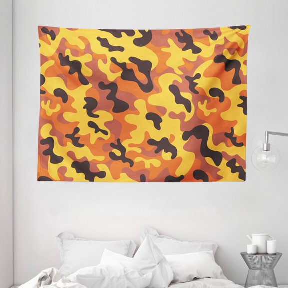Camo Tapestry, Lively Colors Retro Style Camouflage Defense Hidden Soldier Modern Artsy, Wall Hanging for Bedroom Living Room Dorm Decor, 80W X 60L Inches, Yellow Orange Dried Rose, by Ambesonne