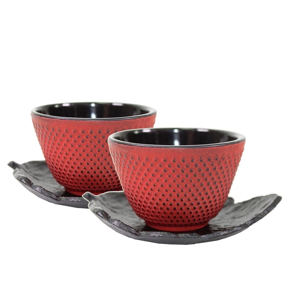 2 Sado Black Leaf Teacup Saucer+2 Red Polka Dot Hobnail Japanese Cast Iron Tea Cup Teacup