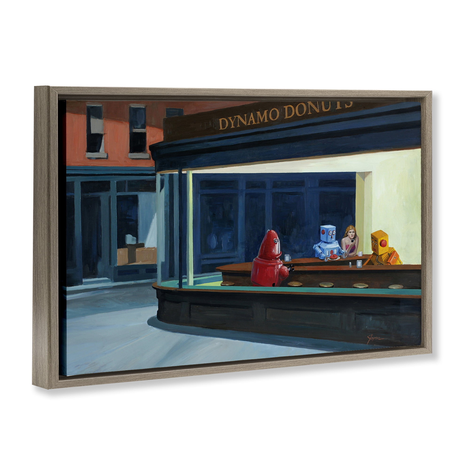 Stupell Industries Robots in Donut Shop Brown Framed Floater Canvas Wall Art, design by Eric Joyner
