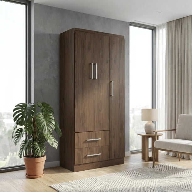 Ropero Closet Armario de Madera con Cajones, Entrepaños y 3 Puertas, Almacenamiento de Ropa cafe