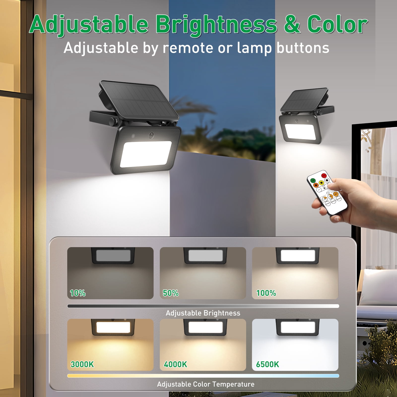 ALUSSO LED Solar Security Lights Outdoor 1000LM, Motion Sensor Flood Lamps with Remote Control, Dimmable&3CCT 3000K/4000K/6500K, 2 pcs for Garden Yard