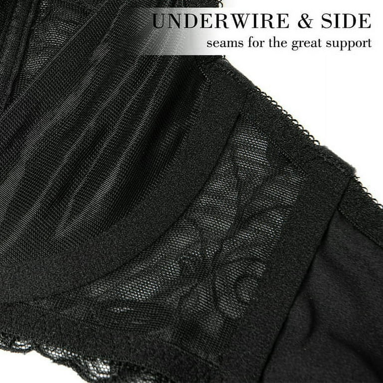 Wingslove Women's Sexy Lace Balconette Push Up Bra Plus Size Sheer Unpadded  Underwire Unlined See Through Bra,Black 44DD 