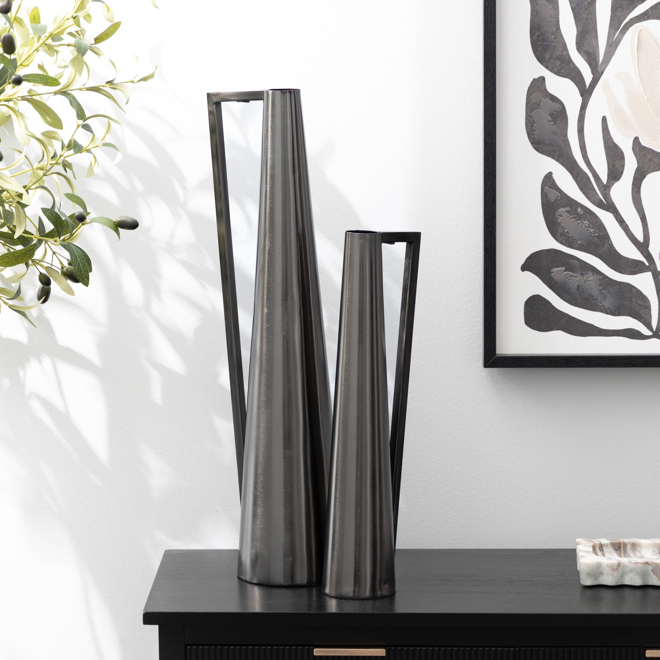 DecMode 17", 22"H Slim Cone Dark Gray Metal Vase with Extended Handles, Set of 2