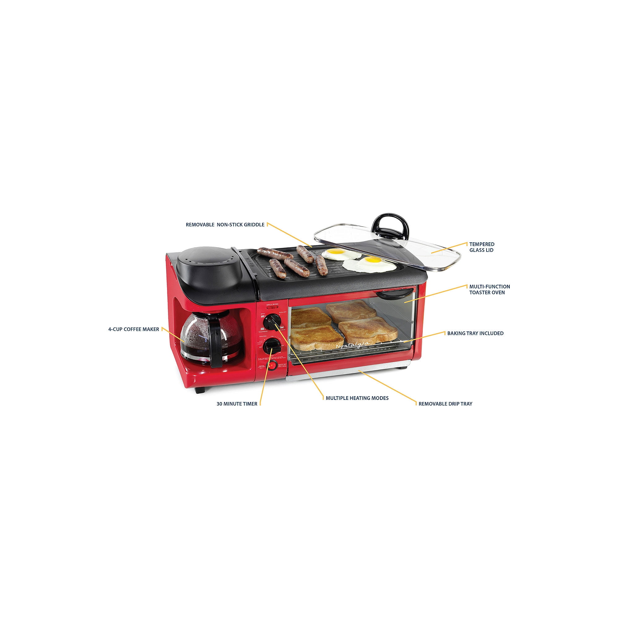 Nostalgia Retro 3 in 1 Family Size Kitchen Appliance Coffeemaker Griddle Toaster Oven with Timer Red Walmart