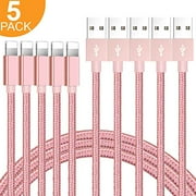 CUWIRE 2 Meter Phone Charger Cable, 6FT Nylon Braided USB Fast Charging Cable Cord Compatible with Smart Phone X Case/8/8 Plus/7/7 Plus/6/6s Plus/5s/5,iPad Mini MAX Case - Pink Rose Gold (5-Pack)