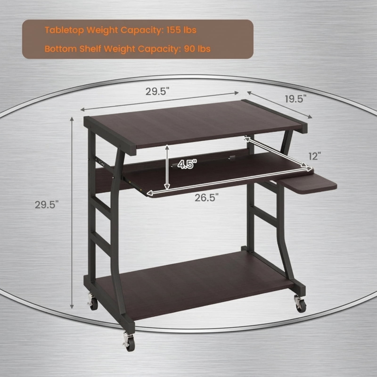 Furnibear Mobile Computer Desk with Keyboard Tray and Rotatable Mouse Tray, Small Rolling Desk with Storage Shelf and Locking Casters, Dark Brown