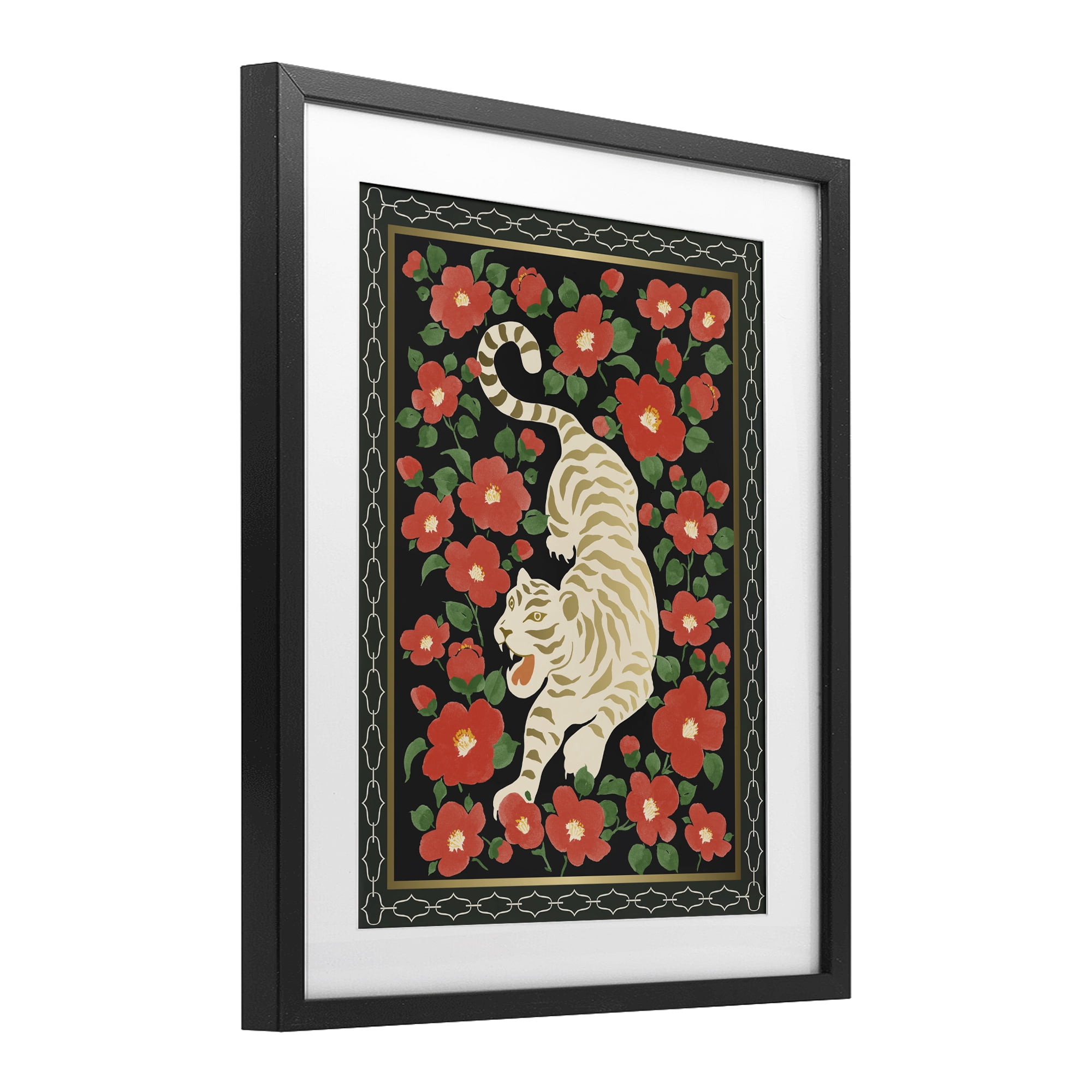 Stupell Industries Ivory Tiger Among Camelias Black Framed Print Under Glass, design by Karolina Sato