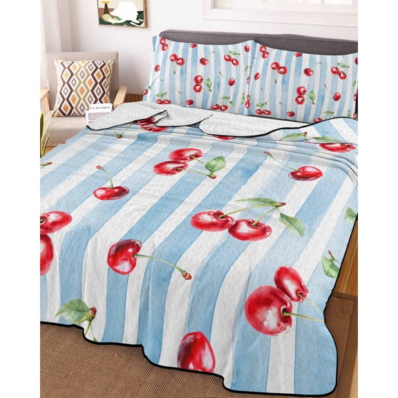 Cherry Farmhouse Twin Size Down Alternative Comforter, Lightweight Comforter Quilt Bedding Set with Pillow Shams Spring Summer Fruit Blue Striped All Seasons Bed Comforter Duvet Insert 68"x86"