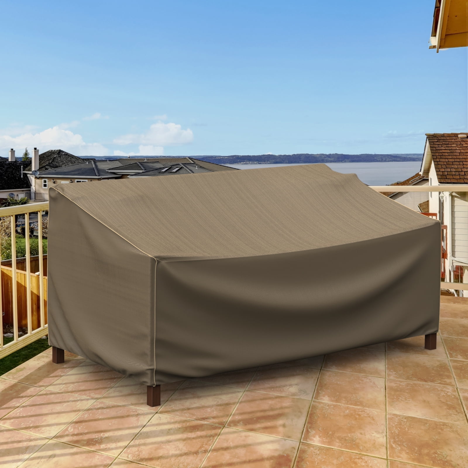Budge Medium Black and Tan Patio Loveseat Cover, StormBlock Hillside