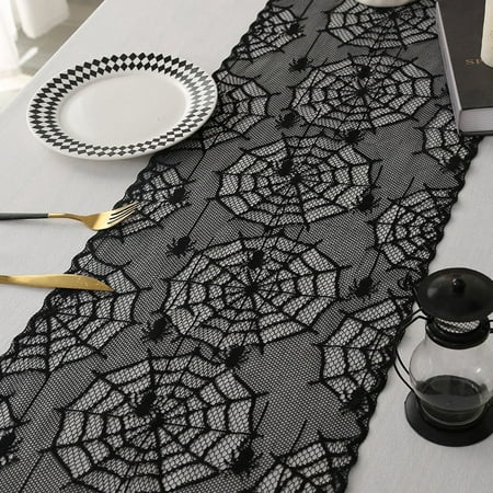 

LFOGoods Black Lace Spider Web Table Runner American Style Halloween Party Decoration Long Tablecloth Fireplace Mat-Spider30*180