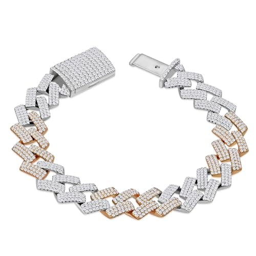 My Daily Styles Stylish Men's 925 Sterling Silver Two-Tone Rose and Silver CZ Cuban Link Bracelet - 14mm Wide (9)