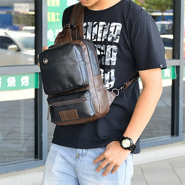 TERGAYEE Leather Sling Bag Sling Crossbody Backpack Shoulder Bag for Men Women Vintage PU Leather Sling Backpack Cycling