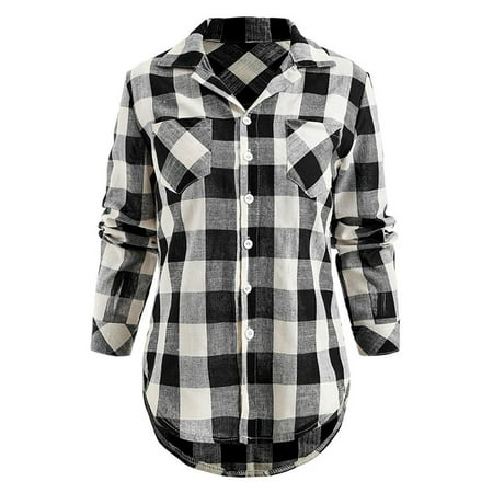 Women Casual Loose Plaid Button Down Shirts Long Sleeve Top Blouse