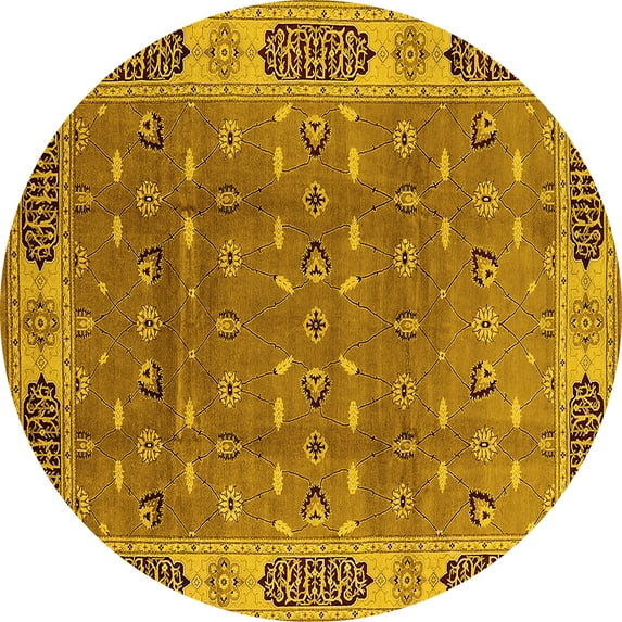 Ahgly Company Machine Washable Indoor Round Oriental Yellow Traditional Area Rugs, 7' Round