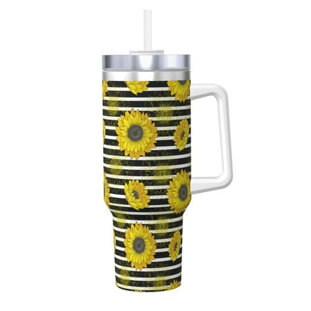 

Sikiie Sunflowers On Black And White Stripes Insulated Stainless Water Bottle Lid Travel Mug Cup Insulated Tumblers Cup 40oz Ice Bully With Handle