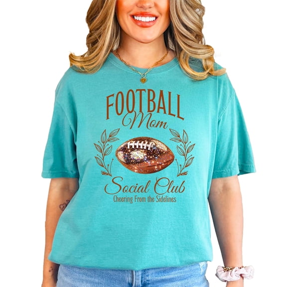 Football Mom Social Club Shirt for Women Faux Glitter Cheering from the Sidelines Oversized Tee Seafoam Shirt Adult X-Large