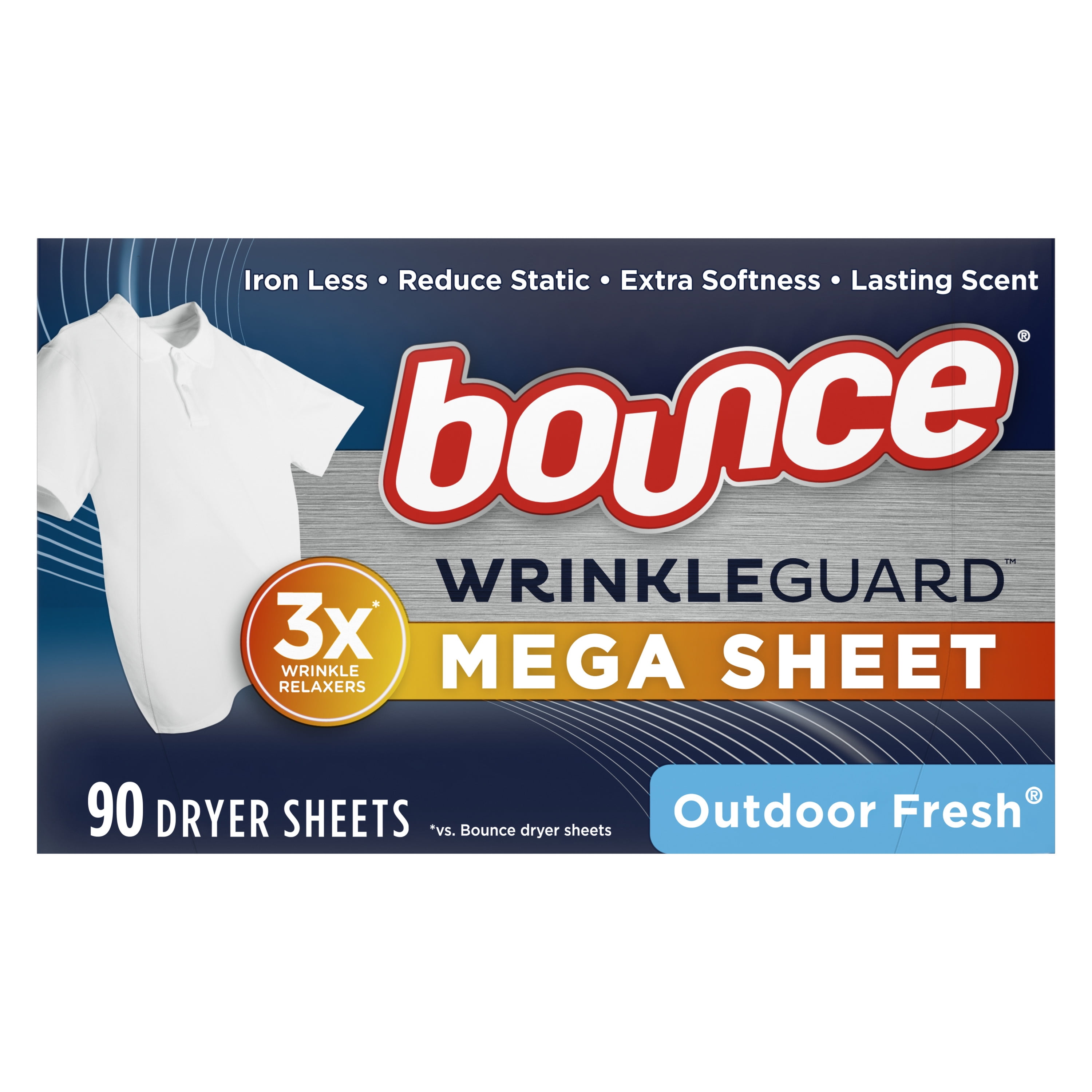 Bounce WrinkleGuard Mega Dryer Sheets, 90 Count, Wrinkle Release Fabric Softener Sheets with OutdoorFresh Sent