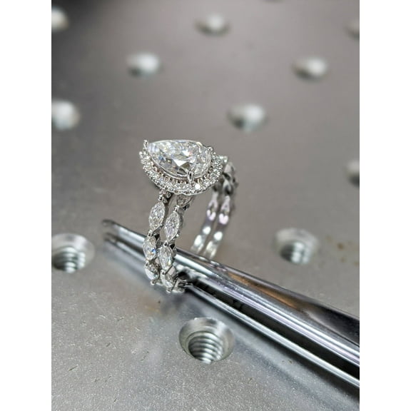 Bluebelljewels Pear Shape CZ Engagement Bridal Ring Set 14K White Gold Finish Silver