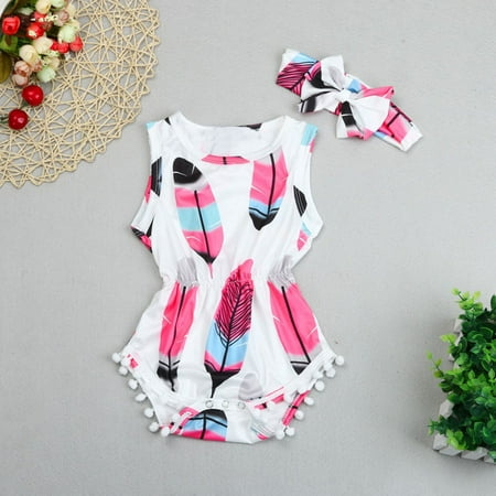 

Binmer Infant Kids Baby Girls Sleeveless Feather Romper Jumpsuit+Headband 2Pcs Set 80