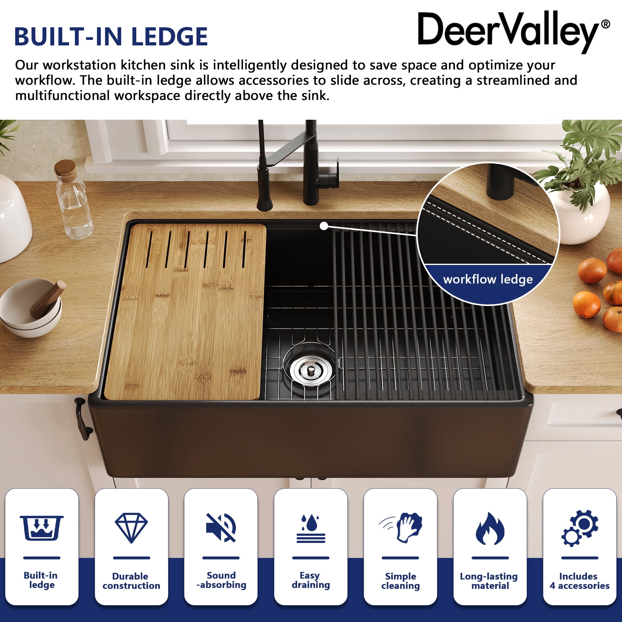 DV-1K0161B 33"L x 20"W Kitchen Sink, Farmhouse Workstation Sink with Cutting Board and Dish Drying Rack