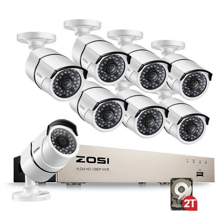 ZOSI Full HD 1080P PoE Video Security Cameras System,8CH 1080P Surveillance NVR, 8x2.0 Megapixel Outdoor Indoor Weatherproof IP Cameras, 120ft Night Vision with 2TB Hard Drive, Power over