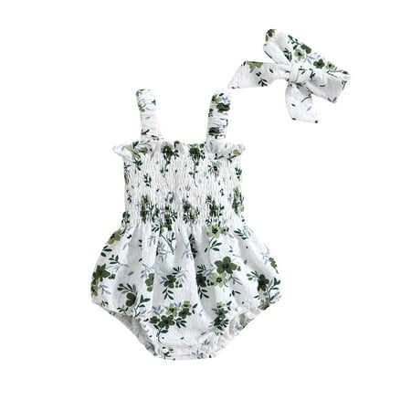 

Qtinghua Newborn Baby Girls Summer Clothes Sling Strap Flower Print Elastic Waist Romper with Headband 2Pcs Outfits