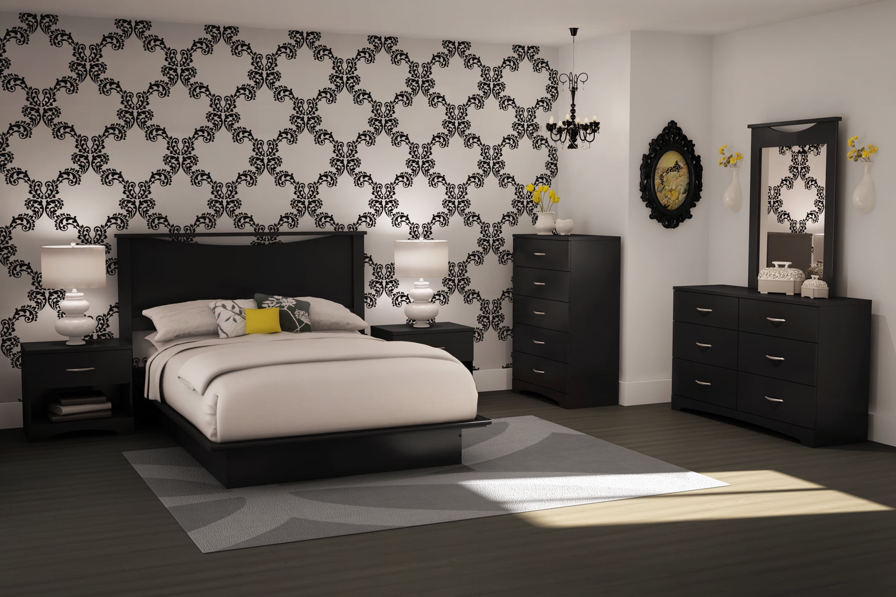 South Shore Step One Queen Platform Bed with Moulding - Contemporary Design, in Pure Black