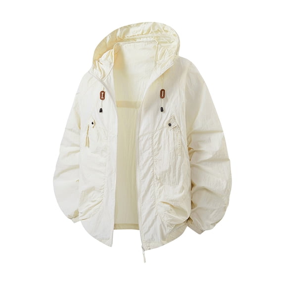 OIOLOYJM Men's Casual Jackets Oversized Lightweight Windbreaker Hooded Coat Summer Fashion Breathable Outdoor Jogging Coats with Zipper Pockets Beige L