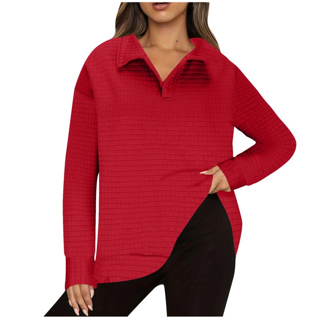 Timegard Tops for Women Lapel V Neck Drop Shoulder Blouse Fall Casual Solid Color Long Sleeve Tops