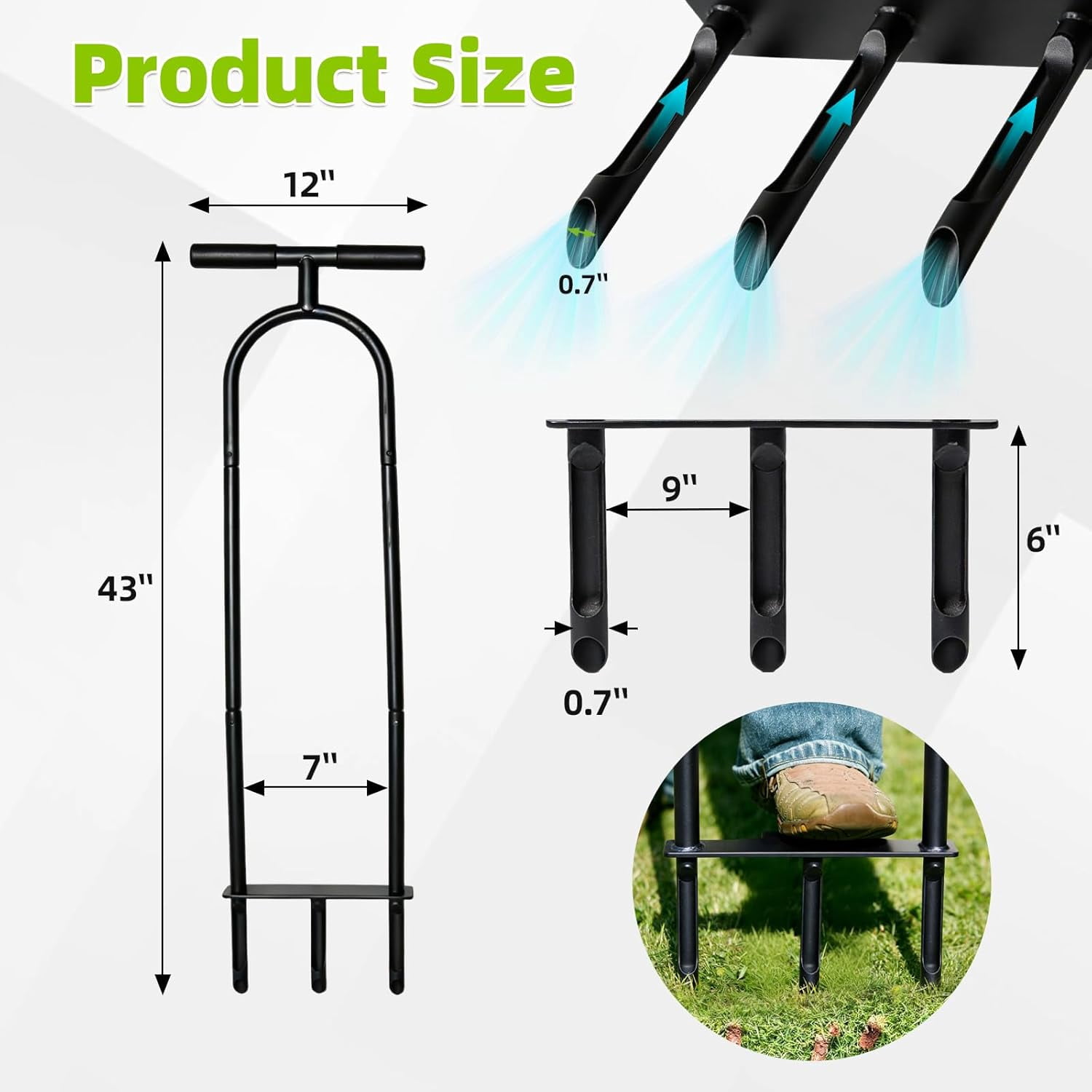 Manual Aerator Lawn Tool – Knee-Friendly Core for Gardeners with Knee Pain, 3 Hollow Tines Yard Aeration, Removes Grass Plugs & Loosens Soil to Promote Health Black