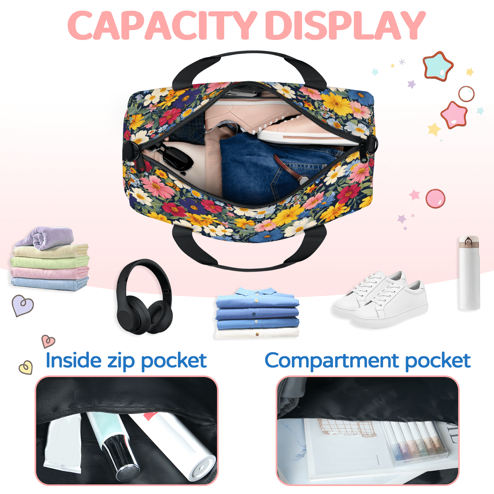 Herdesigns Flower Colorful Gym Bag for Women, Duffle Bag for Travel Sport, Lightweight Waterproof Carry on Weekender Overnight Dance Yoga Workout Bags