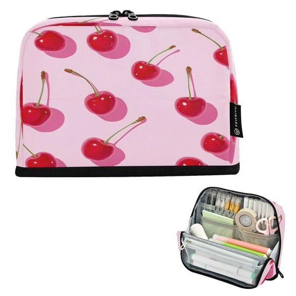 Standing Pencil Case with Base Large Capacity Stationery Pouch Pen Bag with Zipper for Women Men Red Cherries