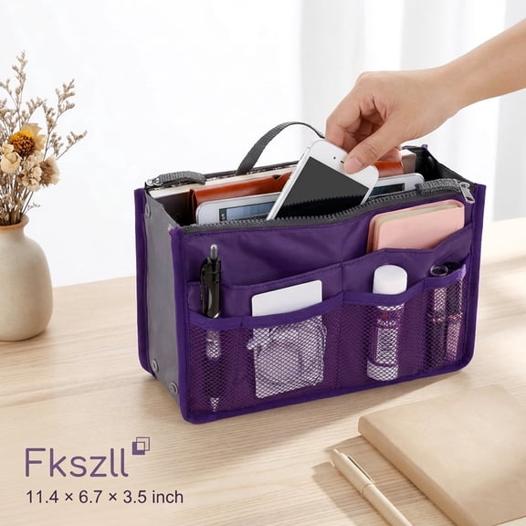  Tote Bag Organizer Insert, Nylon Purse Organizer with Handles for Handbags & Travel, Large, Purple