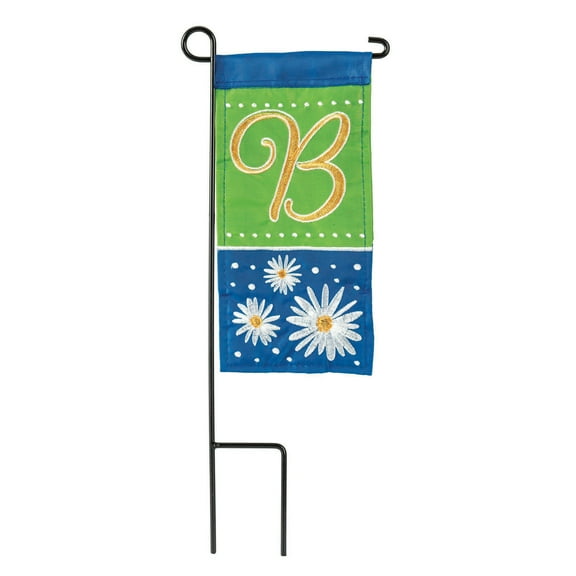 Daisy Blue Green Monogrammed B 8.5 x 4 Burlap Mini House Flag