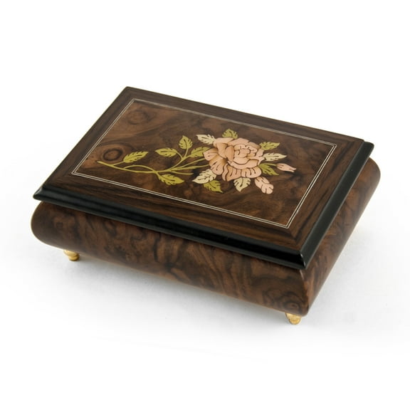 Gorgeous Handmade Burl-Walnut Music Box with Pink Rose Inlay - Carrousel Waltz