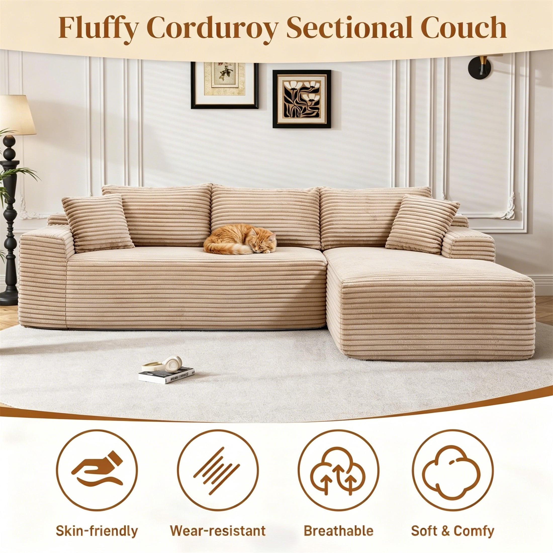 Aukfa 96" Cloud Sectional Sofa Deep Seat Boneless Couch Modular L-Shaped Couch, Right Chaise Corduroy Sofa for Living Room, Camel