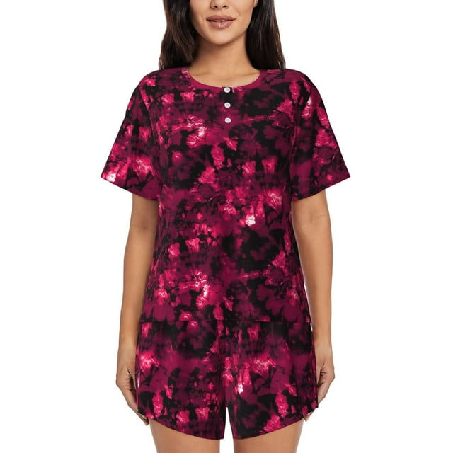 Xecao Burgundy Tie Dye Pattern Women's Short Sleeve Pajama Set Soft Sleepwear Lounge Set with Button Front Top and Drawstring Shorts with Pockets-Small