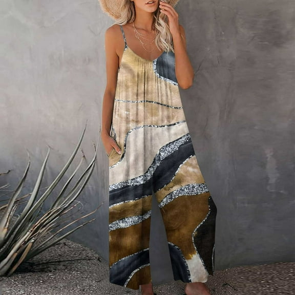 Summer Saving Wycnly Jumpsuits for Women Dressy Vintage Western Graphics Loose Wide Leg Strap Pocket Jumpsuist Overalls Summer V-Neck Sleeveless Ethnic Style Print Long Trendy Rompers Army Green l