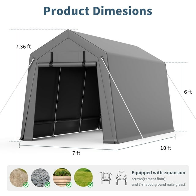 BeesClover Garage Extérieur Portable 7x10 Pi, Remise de Rangement Portable Étanche et Résistante aux UV avec 2 Portes Enroulables, Tente d'Abri d'Auto pour Motocyclette, Vélo et Outils