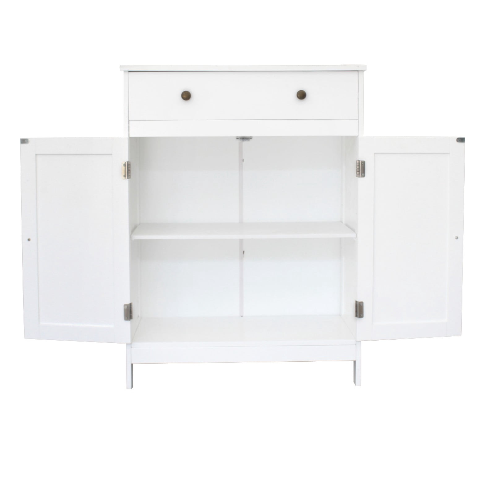 Hassch Multi-Purpose Freestanding Cabinet w/ Storage Drawer, Classic White MDF Cabinet with Double Doors & Bronze Handle, for Bathroom Dining Room Porch