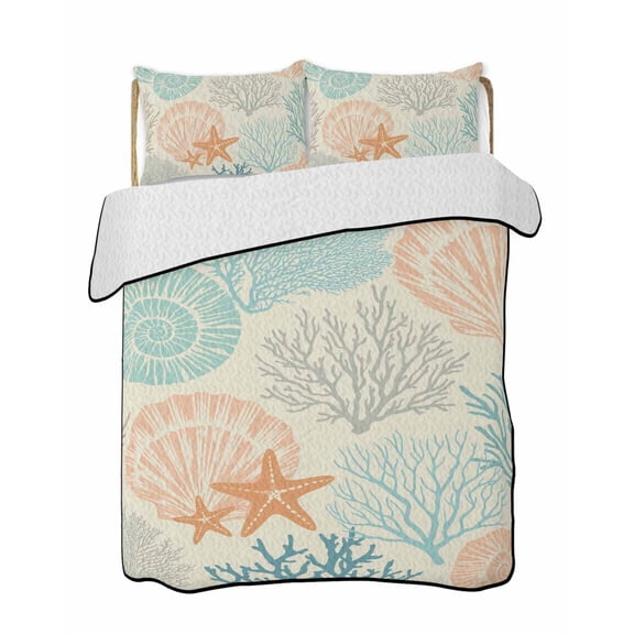 Quilts Queen Size Bedding Set, Coastal Turquoise Lightweight Quilted Comforter, Ocean Coral Starfish Shell Modern Sea Soft Reversible Bedspread Coverlet with Pillow Covers for All Season, 90" x 96"