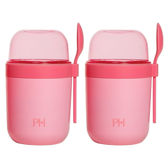 Paris Hilton Snack Cup Set, 2-Pack, 3 Compartments, Leak-Proof Base, Includes Spoon, Pink