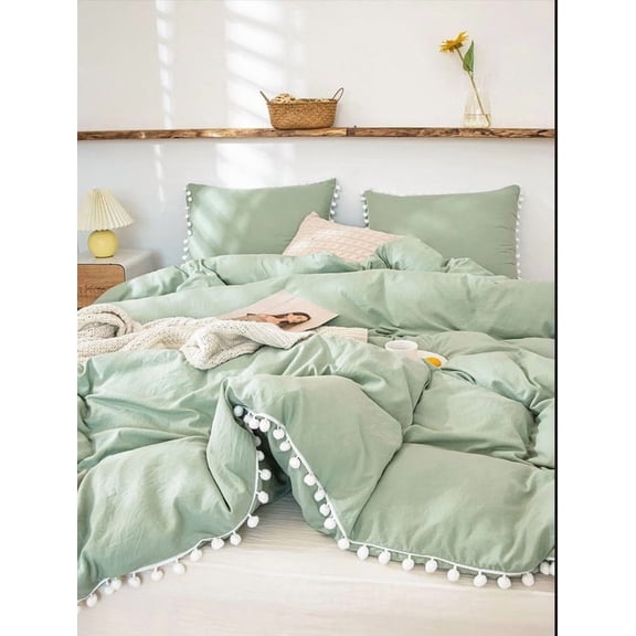 Pavish Export Sage Green Duvet Cover With White Pom Pom Bedding Duvet Cover Quilt Cover, Comforter Cover 3 Pcs set Soft Duvet Cover Set Twin