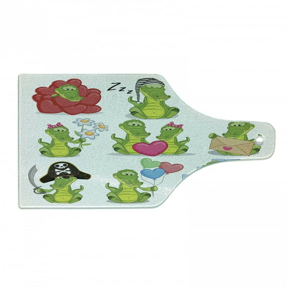 Crocodile Cutting Board, Characters in Action Balloons Flowers and Hearts Cartoon Theme, Decorative Tempered Glass Cutting and Serving Board, in 3 Sizes, by Ambesonne