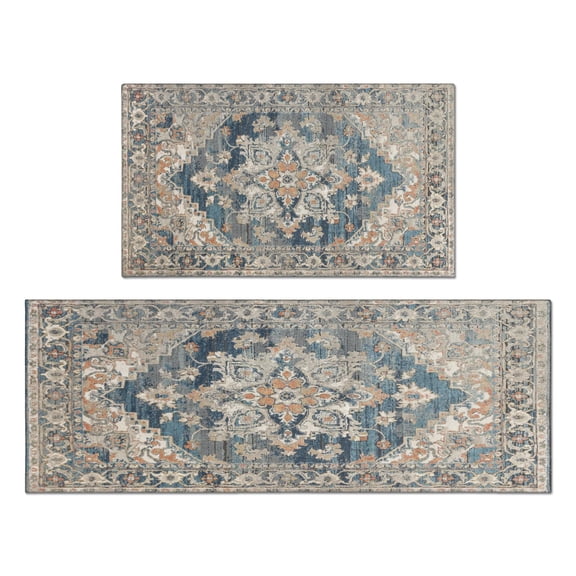 Bohemian Blue Floral Patterned Carpet Kitchen Rugs and Mats Sets Of 2,Kitchen Decoration Rugs,Rubber Backing Non-Slip Floor Mat for Sink Washable Waterproof Laundry Room Runner Rugs