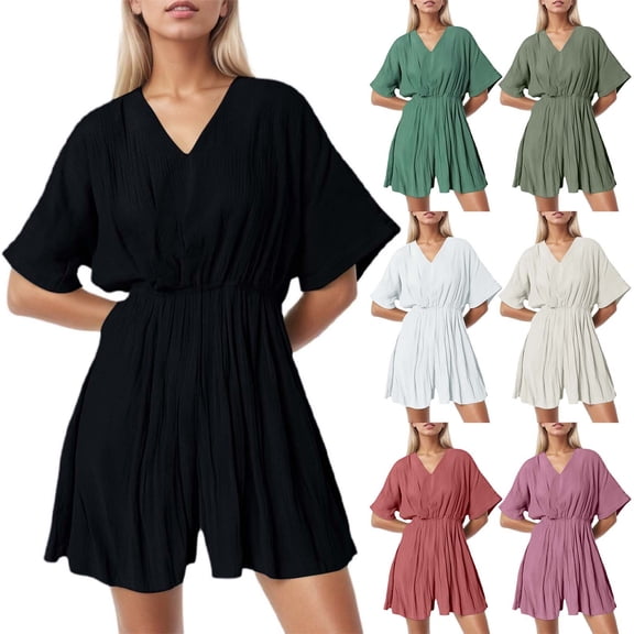 Laipiong Women's Jumpsuit 2026 Summer Casual V Neck Wide Leg Short Sleeve Solid Color Rompers Dressy Stretch Relaxed Fit Beach Outfits