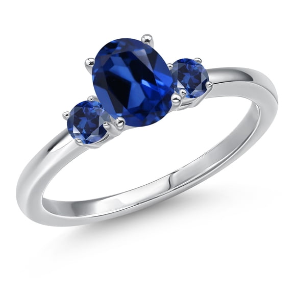 Gem Stone King 14K White Gold Blue Created Sapphire Engagement Ring for Women | 1.28 Cttw | Oval 7X5MM | Gemstone September Birthstone | Size 5