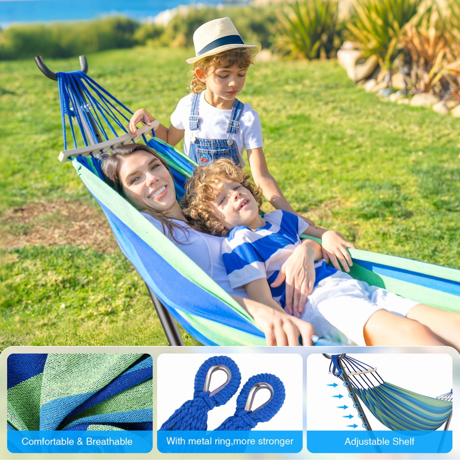KEESTP Comfortable 2 Person Hammock with Stand,Ease of Assembly Portable Brazilian Hammock,450lb Capacity - Wideblue