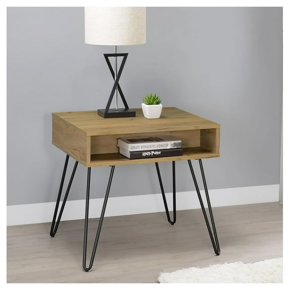 Golden Oak and Black Square End Table Brown   Primary Living Space   Industrial   Square   Open Storage   Coffee & End Tables   Powder Coated   Wood   Hairpin
