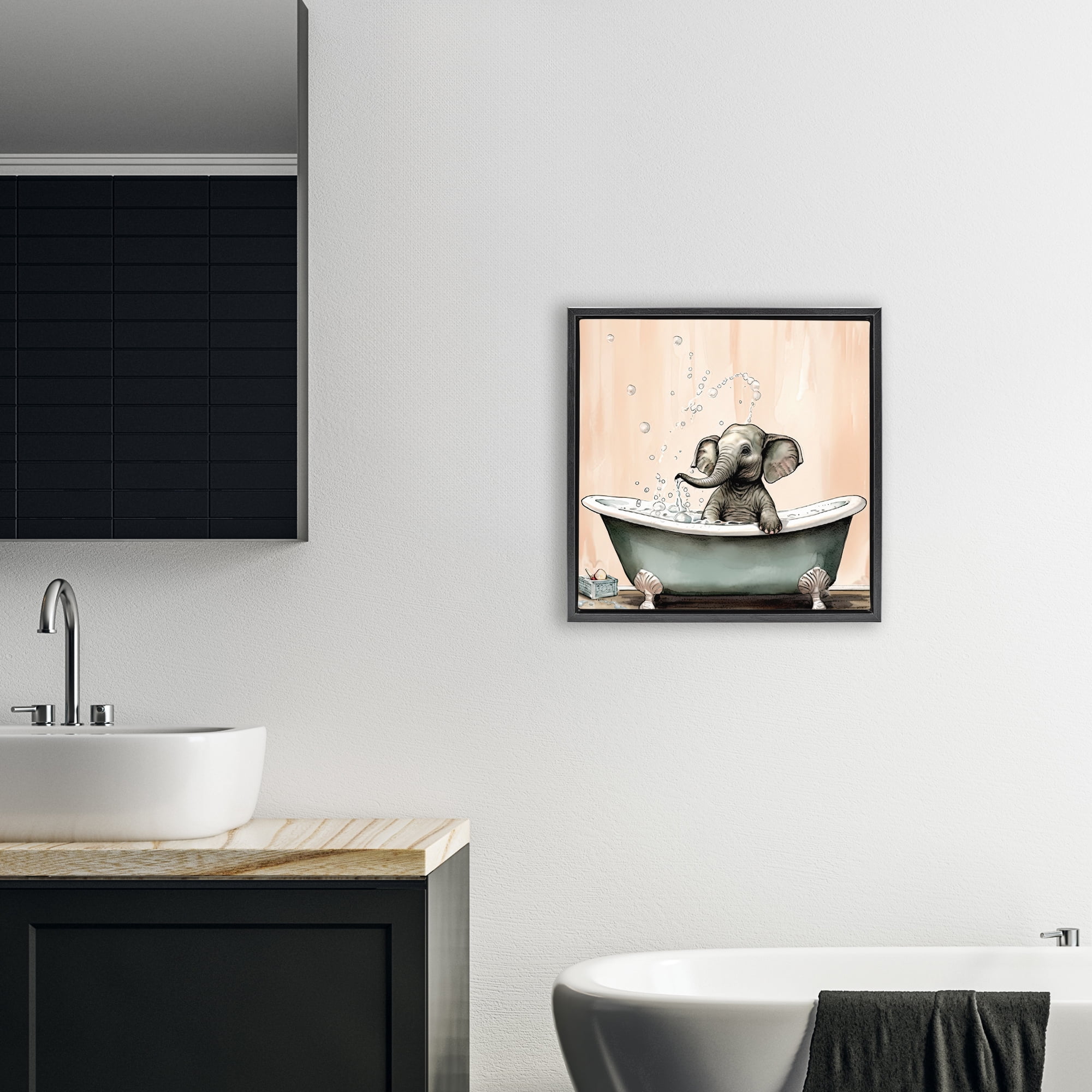 Baby Elephant Bubble Bath Black Framed Floater Canvas Wall Art, design by Sasha